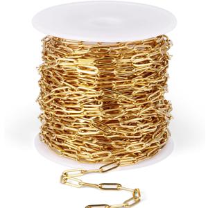 [33 Ft] Stainless Steel Paperclip Chains Roll, 2.5mm Width 18K Gold PVD Plated Stainless Steel Oval Link Chains Spool Bulk for Jewelry Making