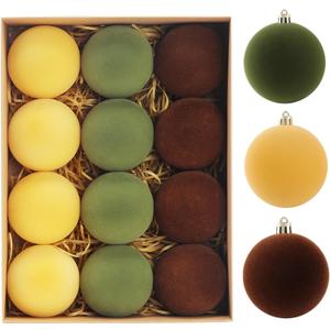 Christmas Ornaments Set of 12, 3.15" Flocked Velvet Balls with Hand Painted Designs, Elegant Christmas Tree Decorations in Gift Box (Brown&green)