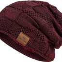 PAGE ONE Mens Winter Slouchy Beanie Warm Fleece Lined Skull Cap Baggy Cable Knit Hat (Wine Red)