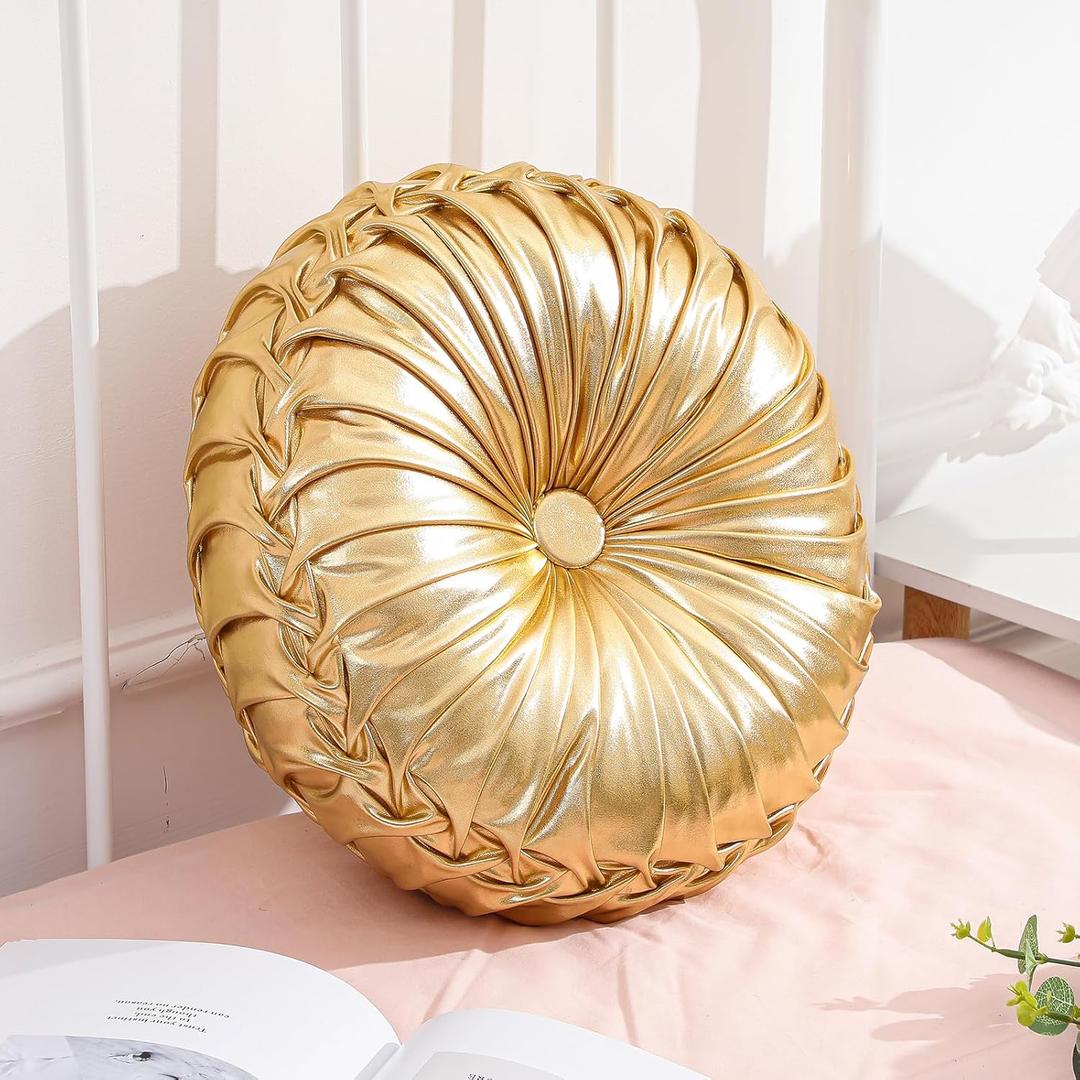 1 Pcs Round Throw Pillows Decorative Polyester Pleated Throw Pillows 15'' Diameter Accent Pumpkin Boho Chair Cushion for Couch Sofa Home Decoration (Gold)