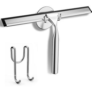 FARMER Shower Squeegee for Glass Doors, 10-Inch Glass Squeegee for Windows, Car Glass and Mirrors, Multi-Purpose Stainless Steel Squeegee with Suction Wall Hook and Over Door Hook, Silver