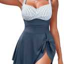 Blooming Jelly Womens One Piece Swim Dress Tummy Control Swimsuits Modest Bathing Suit Full Coverage Swim Skirt (Large, Blue-grey)