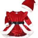 Ursobutegl Newborn Infant Baby Girl Christmas Clothes Santa Claus Romper Dress Fur Trim Velvet Jumpsuit Bodysuit Hat Costume 9-12