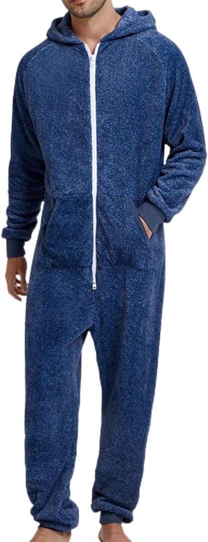 Lu's Chic Men's Hooded Onesie Pajamas Lightweight Fuzzy Fleece Zip Up Jumpsuit Long Sleeve Long Pants One Piece Pjs Small