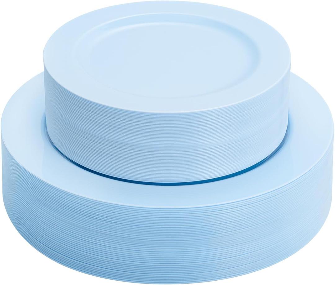 FLOWERCAT 60PCS Light Blue Heavy Duty Plastic Disposable Party Plates Set  30pcs 10.25 Dinner & 30pcs 7.5 Dessert Plates  Durable Blue Tableware for Easter Parties, Wedding, BBQ & Baby Shower