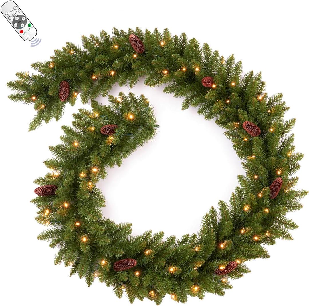 9FT Prelit Artificial Christmas Garland with Dual Color LED Lights and Timer by Remote Control and Batteries Operated for Mantle Stairs Fireplace Door Xmas Decoration, Indoor Outdoor, Green
