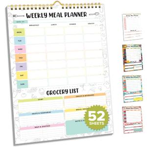 Decorably 52 Sheets Pastel Rainbow Undated Magnetic Weekly Meal Planner for Fridge with Grocery List and 4 Strong Magnets - 7x10in Spring-Bound, Refrigerator Mountable, Easy Tear-Off Design