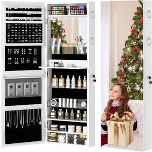 VECELO LED Jewelry Mirror Cabinet, Lockable Wall or Door Mounted Jewelry Armoire Organizer, Full Length with Storage, White