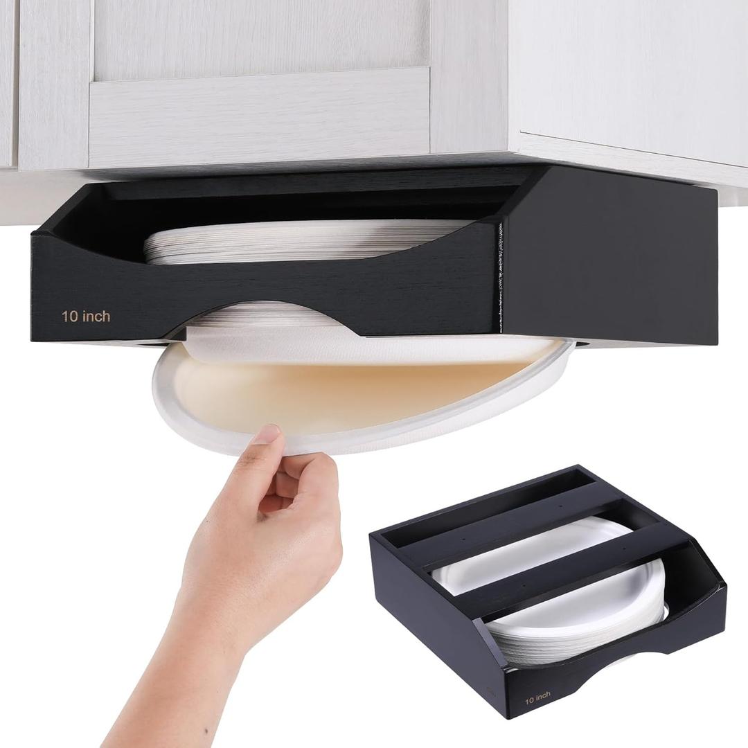 10-inch Paper Plate Dispenser Under Cabinet, Bamboo Paper Plate Holders, Kitchen Counter Vertical Plate Dispensers Holders Countertop Caddy (For 10-inch Plates, Black)