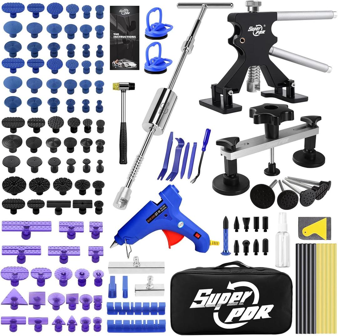 Super PDR Car Dent Repair Kit Paintless Dent Puller Tool Set with 2 in 1 Slide Hammer, Glue Gun & New GlueTabs No Paint Damage DIY Dent Remover for Door Dings, Hail, Hood & Fender Dents