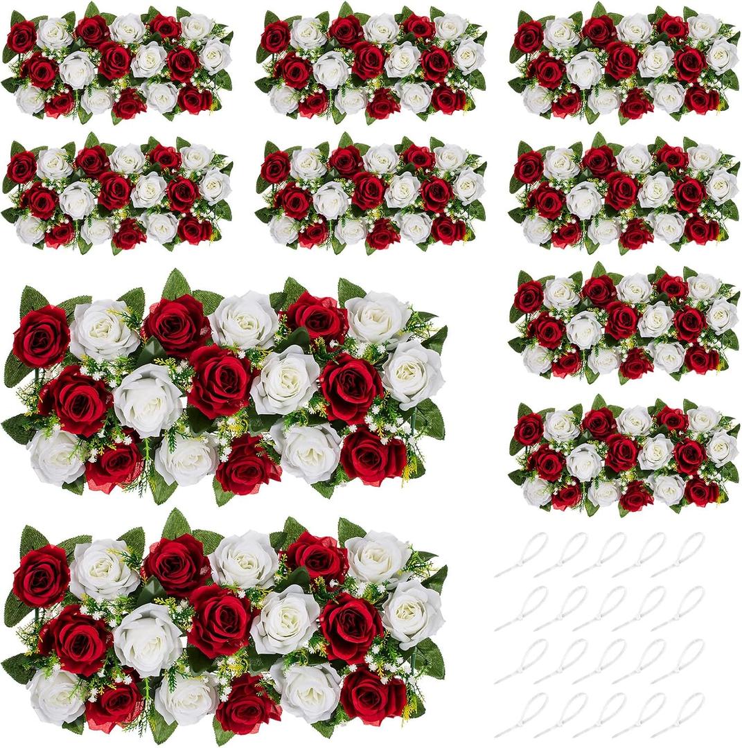 NUPTIO Wedding Floral Centerpieces for Tables - 10 Pcs 19.6in Long Spring Flower Arrangements Artificial Centerpiece, Burgundy & White Fake Rose Flowers Arrangement for Party Weddings Dining Table