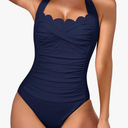 Eomenie Women One Piece Tummy Control Swimsuit Halter Scallop Trim Bathing Suits 1 Piece Vintage Ruched Slimming Swimwear, Size L