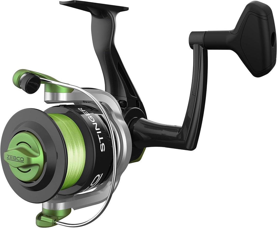 Zebco Stinger Spinning Fishing Reel, Changeable Right- or Left-Hand Retrieve, Quickset Anti-Reverse, Pre-Spooled with Zebco Line (Size 60 Reel) Zebco Stinger Spinning Fishing Reel, Changeable Right- or Left-Hand Retrieve, Quickset Anti-Reverse, Pre-Spooled with Zebco Line (Size 60 Reel)