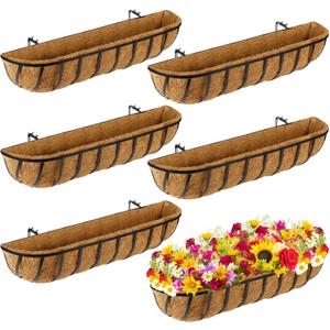 6 Pieces Window Baskets with Coconut Liner 30 Inch Window Deck Planters Boxes Railing Planter Metal Black Hanging Flower Planter Window Basket for Indoor Outdoor Lawn