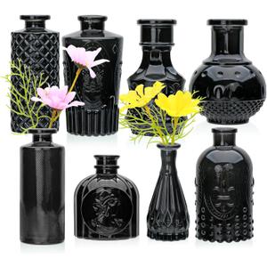 Black Flower Vase Set, Glass Bud Vase in Bulk Set of 8,Artistic and Cultural Flavor Mini Vases for Home Office Decor, Bedroom, Office, Living Room Decorations,Wedding