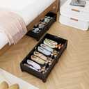 Bamboo Under Bed Storage Containers, Rolling Underbed Organizer with Wheels, Sturdy Under the Bed Shoe Storage Bins, Stackable Underbed Drawers for Bedroom Closet Clothing Toy 2 Packs (Black, Large)