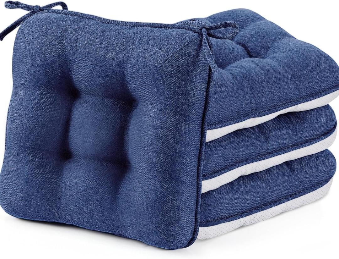 BETU Chair Cushions for Dining Chairs Set of 4, 3.5" Thick Kitchen Table Chair Pads with Ties, Non Slip Backing and Covers, Seat Cushion for Dining Room, Bar, Patio Chairs, 16"X16"X3.5", Navy Blue