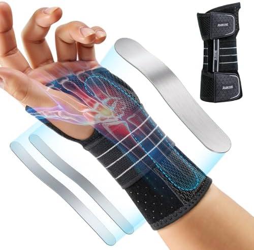 Rakiie Carpal Tunnel Wrist Brace, Adjustable Night Wrist Support with 3 Metal Splints, Hand Brace for Men Women No Pressure on Thumb, Splint Stabilizer for Work, Gray Left Hand, Size M(6.69-8.27")