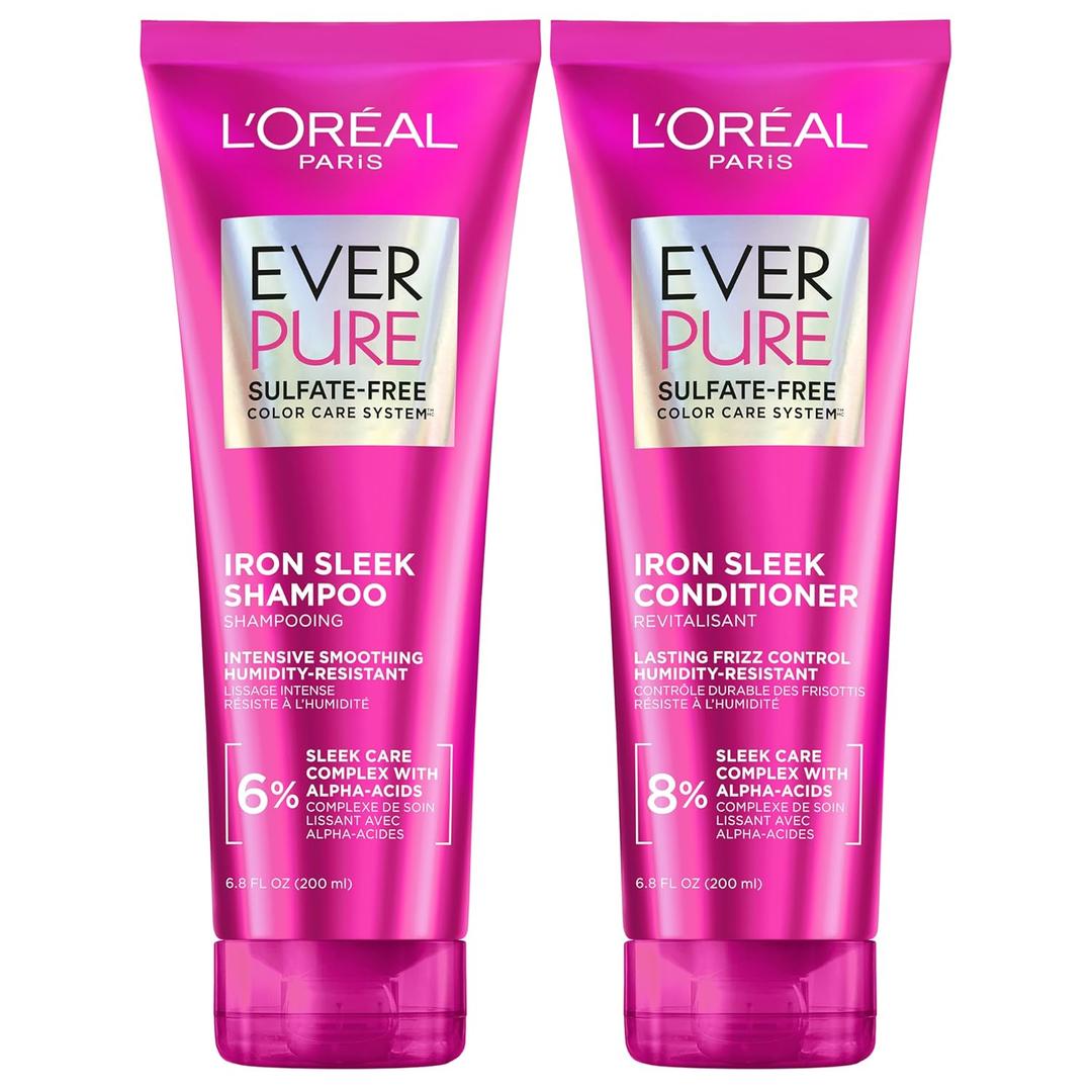 L'Oreal Paris Sulfate Free Iron Sleek Smoothing Shampoo and Conditioner, Frizz Control and Humidity-Resistant Formula with Alpha-Acids, EverPure Hair Care, 1 Kit
