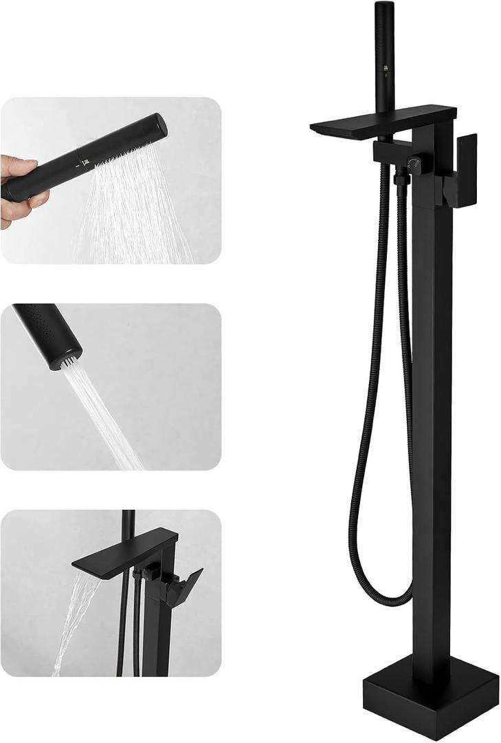 RUMOSE Matte Black Bathtub Filler Freestanding Tub Filler Floor Mount Tub Faucet Waterfall Free Standing Bathtub Faucet High Flow Brass Bath Shower Faucets with Handheld Sprayer