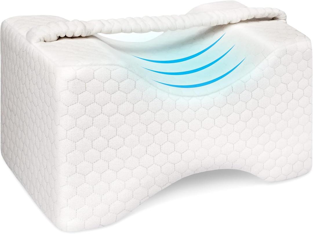 Memory Foam Knee Pillow, Leg Pillow for Side Sleeping, Contour Support Ergonomic Knee Pillow with Cover and Strap, for Side Sleepers, Spine Alignment, Hip, Back and Joint Pain Relief (White)