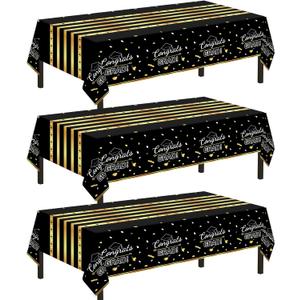 Childom 3 Pack Graduation Tablecloth, Graduation Decorations Class of 2026 Graduation Party Decorations, 54"x108" Black and Gold Plastic Table Cloth Disposable Rectangle for Home, School, Party Supplies