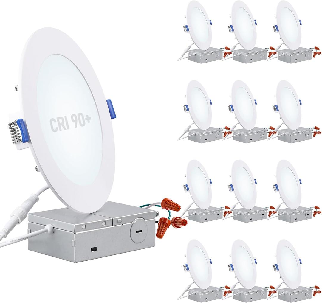 TORCHSTAR Basic Series 6-Pack 6 Inch Ultra-Thin LED Recessed Lighting with Junction Box, CRI90, Aluminum, 5000K Daylight, 5%-100% Dimmable Slim Recessed Downlight, 12W 1100LM, ETL and Energy Star