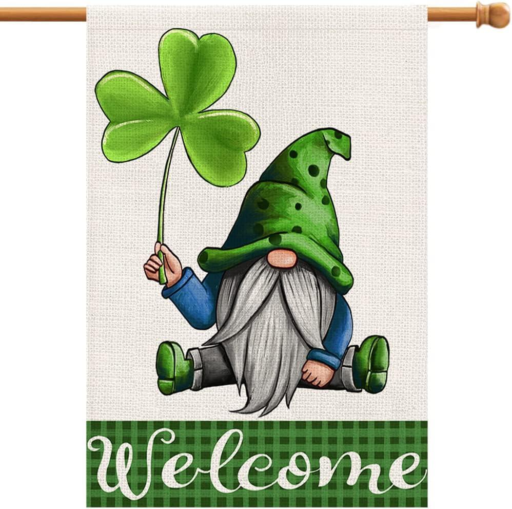 3 x St Patricks Day Gnome House Flag Burlap 28x40 Inch Double Sided, Green Lucky Shamrock Welcome Large Sign Farmhouse Yard Outdoor Decoration DF190-28