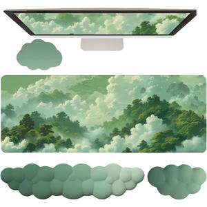 Green Cloud Mouse Pad and Keyboard Wrist Rest 4PCS Extended Forest Mountain Aesthetic Large Desk Mat Pad Set Memory Foam Non-Slip Cute Ergonomic Gaming Mouse Pad Wrist Support for Computer Home Office