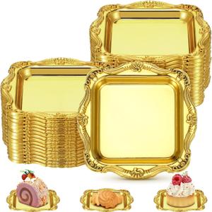 LemonRoad 50 Pcs Gold Mini Square Baroque Dessert Display Trays Mini Elegant Plastic Serving Trays Small Cake Candy Plates for Weddings Parties Hotels Large Celebrations, 3"x3"