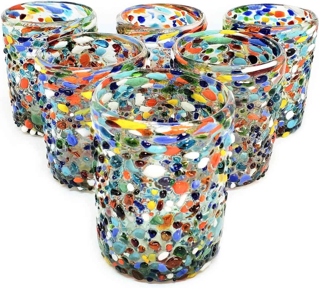 Confetti Rocks 10 oz Tumbler Glasses (set of 6) Mexican Handmade Multicolor Glassware, Recycled Glass, Lead-free, Toxin-Free (Tumbler)