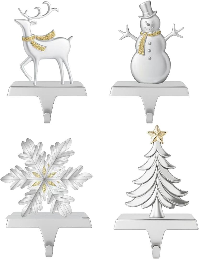 Christmas Stocking Holders Hangers Hooks of 4 Stocking Holder for Mantel Fireplace Mantle (Sliver)