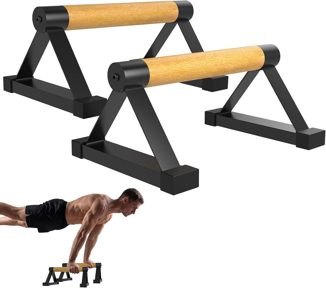 Wood Push Up Bar Set, 2PCS Non-Slip Handstand Bars, Parallettes Bars for Calisthenics and Push-Up Workouts, Solid Wood Grip with Metal Frame, Supports 550 LBS