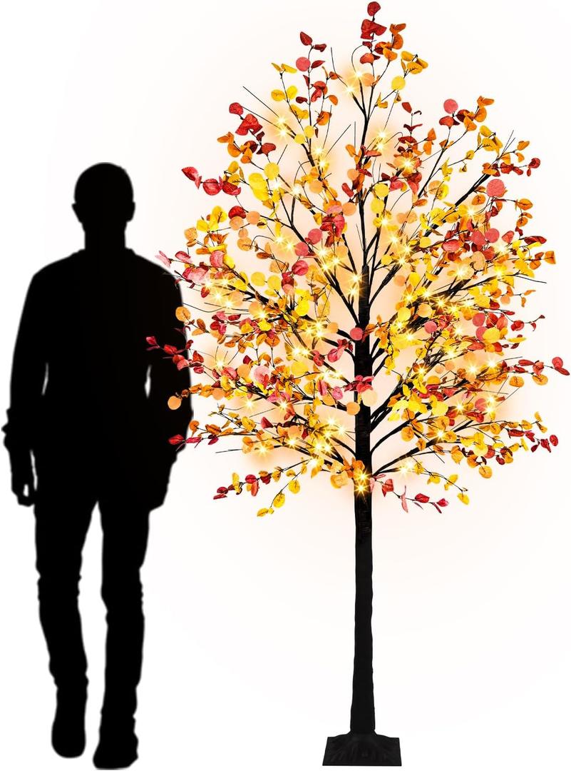 Krissing 8FT Fall Light Up Tree, Artificial Lighted Fall Eucalyptus Tree with 160 Led Lights Fake Large Autumn Tree for Fall Home Indoor Outdoor Thanksgiving Decor (Orange & Red)