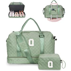 Personalized Teacher Gifts, Gifts for Women-Girl Travel Bag with Shoe Compartment, Personalized Weekender Bag, Monogram Overnight Bag for Women, Letter Travel Bag with Makeup Bag (Letter Q) (Light Green)