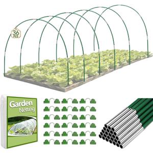 36pcs Garden Hoops for Raised Beds with Garden Netting, Rust-Free Fiberglass Greenhouse Hoops Grow Tunnel & Clips, Hoop House Support Frame for Row Cover & Plant Stakes for Vegetables
