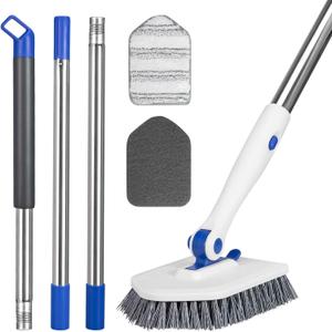Tile Tub Scrubber Brush with 52-inch Adjustable Long Handle 3-in-1 Rotatable Shower Brush for Cleaning3 Different Replacement Brush Heads for Cleaning Tub Tile Bathroom Kitchen Walls Blue