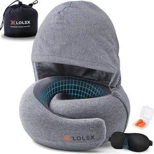 LOLEX Hooded Pro Travel Pillow - Memory Foam Neck Support Pillow for Airplane, Flight - Super-Soft Pure Cotton Fabric, Maximum Privacy & Light-Block Design, Lightweight Full Travel Kit - Light Grey
