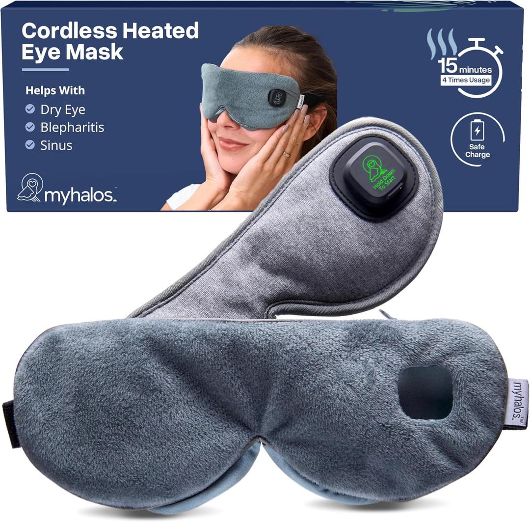 MyHalos Cordless Heated Eye Mask for Dry Eyes - Rechargeable Eye Heat Mask - Eye Warm Compress with Washable Cover - Sinus Heating Pad for Eyes, Styes & Blepharitis - MGD heated eye masks for dry eyes