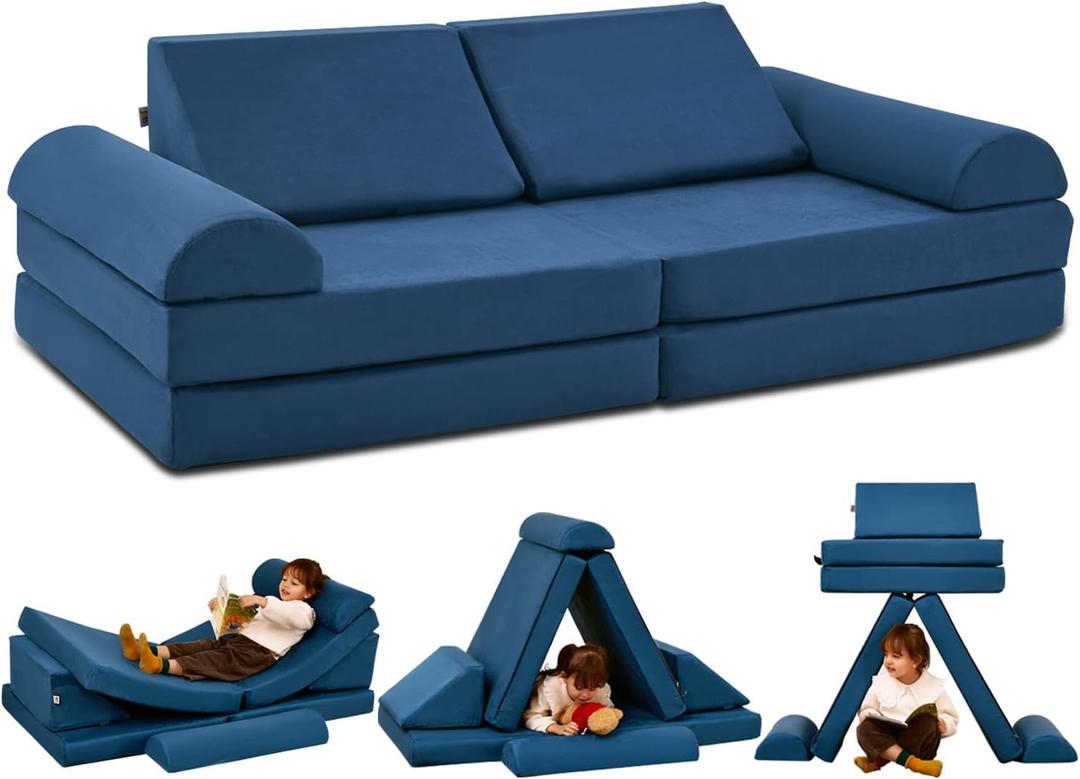jela Kids Couch Safety Certified Play Couch Soft Kids Sofa with Machine Washable Cover Thick Foam Fort Building Set for Playroom Indoor (57"x28"x18", Navy Blue)