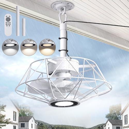 RSFMAS Outdoor Ceiling Fans with Light for Patio, 15" Gazebo Fan Outdoor Hanging Waterproof 6 Speeds Plug in Caged Ceiling Fan with Remote Control, 3 Color Temperature for Porch Pergola (White)
