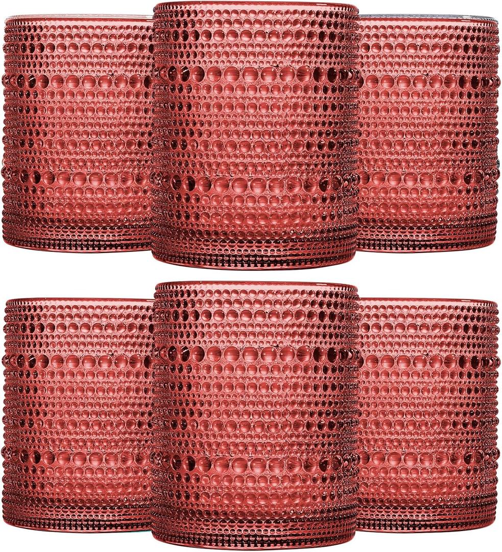 Red Vintage Hobnail Drinking Glasses Set of 6, Embossed Water Tumbler 12oz, Kitchen & Bar Beaded Glass Cups, Beverage Glass Cups for Water, Beer, Juice, Cocktail Glassware, Red
