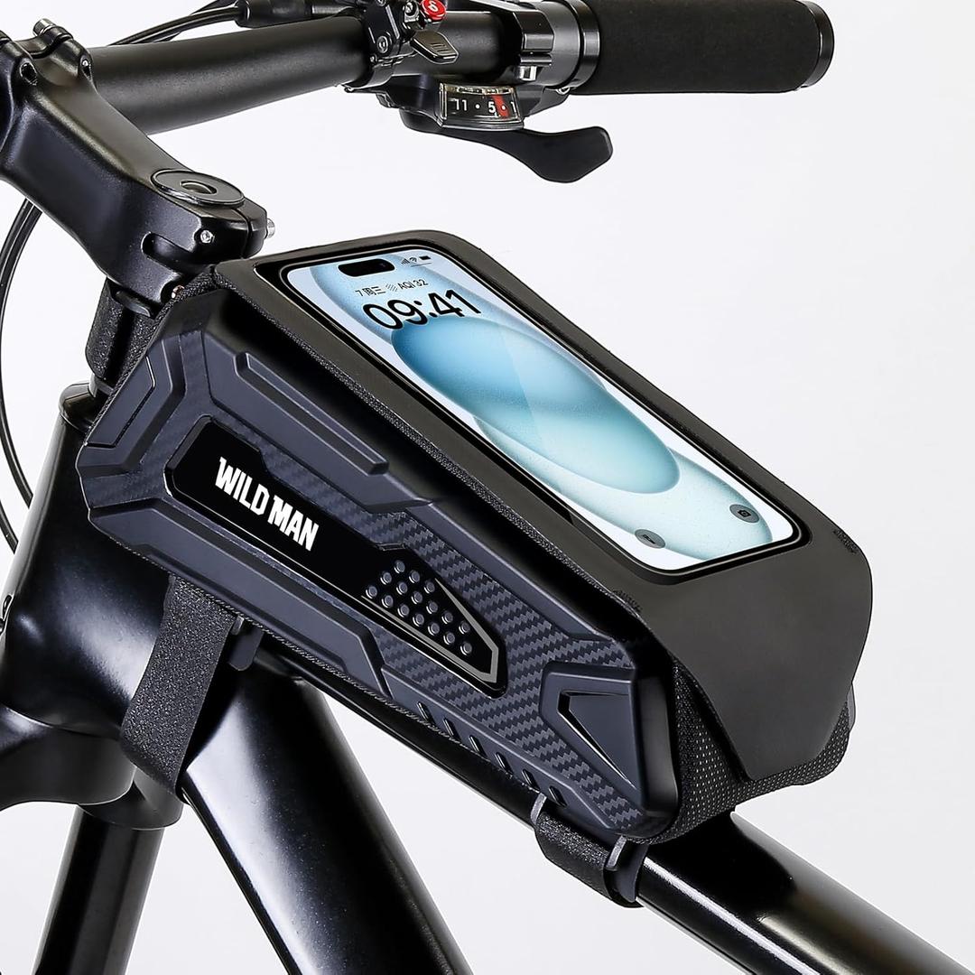 WILD MAN Bike Phone Bag Waterproof Bicycle Front Frame bag Duble Zipper Reflective Strip Bicycle Top Tube Phone Holder compatible with Phone Under 6.8"(Black and gray)