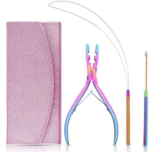 Beauty & Crafts Micro Links Hair Extensions Kit- Stainless Steel Beads Closer and Remover plier, Hair Extensions Loop Needle Pulling Hook, Bead Tool for Hair or Feather Extensions with Leather Pouch (Rainbow)