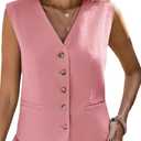 Fall Linen Vest Women Sleeveless Lihtweight Fully Linend V-Neck Button Top Fashion Work Casual Blazer Jacket Pocket