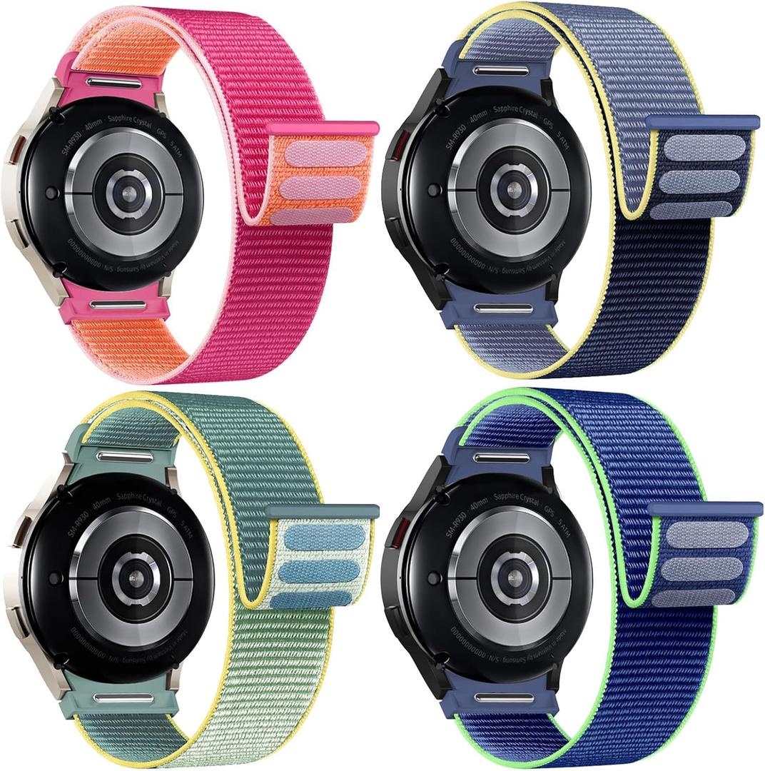 Nylon Bands for Samsung Galaxy Watch 7 6 5 4 FE Band 40mm 44mm/Watch 6 4 Classic 43mm 47mm 42mm 46mm/5 Pro 45mm,One Click No Gap Fabric Sport Strap Wristband for Samsung Watch 4 5 6 7 FE Women Men,4 Pack (07-Sunshine/Neon Lime/Alaskan Blue/Pomegranate)