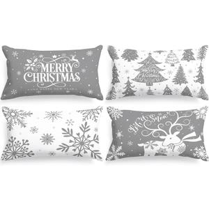 Lanpn White and Grey 14x24 Christmas Lumbar Pillow Covers Set of 4, Decorative Rectangle Long 14 x 24 Gray Winter Snowflake Throw Pillow Case Xmas Cushion Cover for Indoor House Sofa Grey