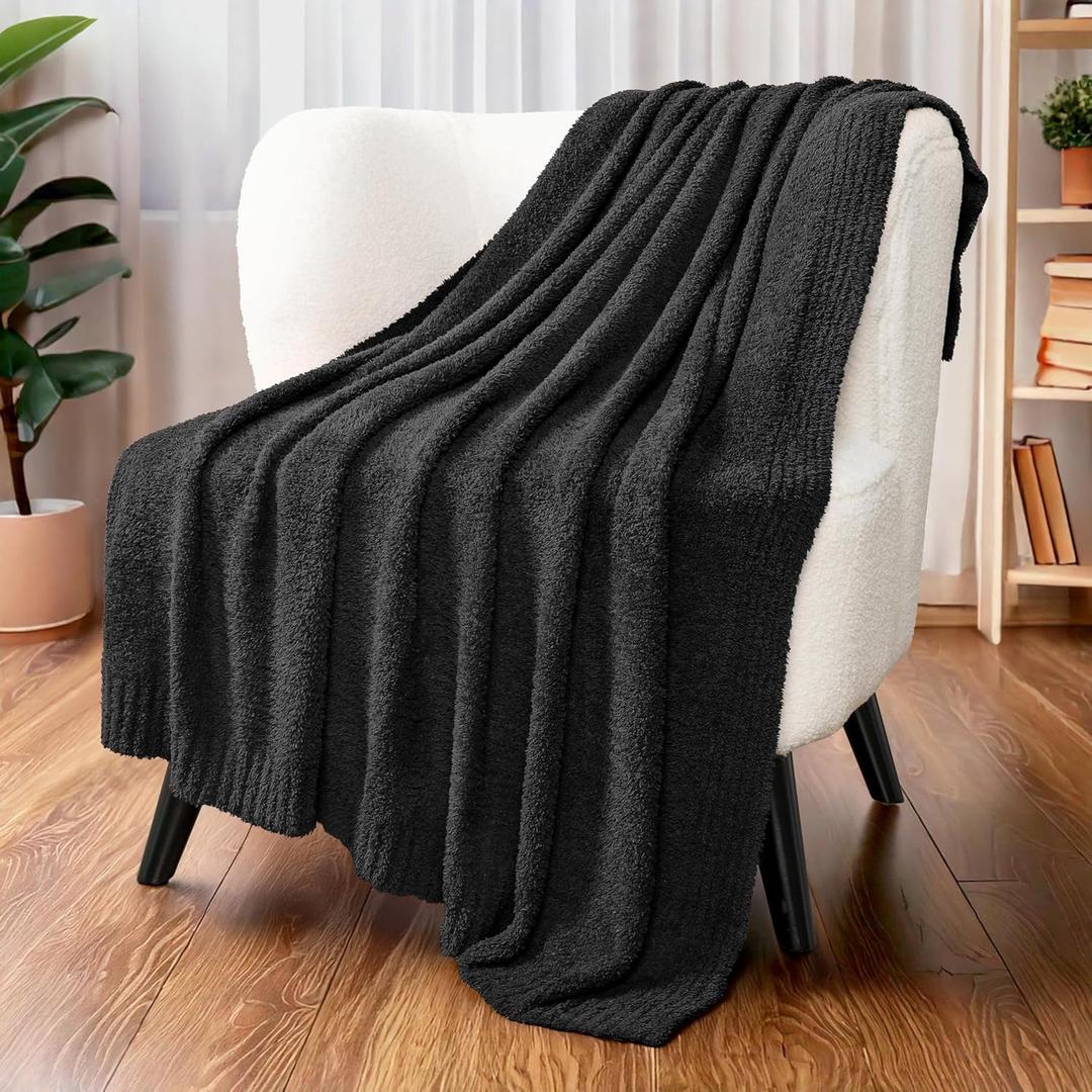 PAVILIA Super Soft Throw Blanket for Couch, Fluffy Cozy Lightweight Black Blanket, Fuzzy Warm Knit Blanket for Bed Sofa, 50x60