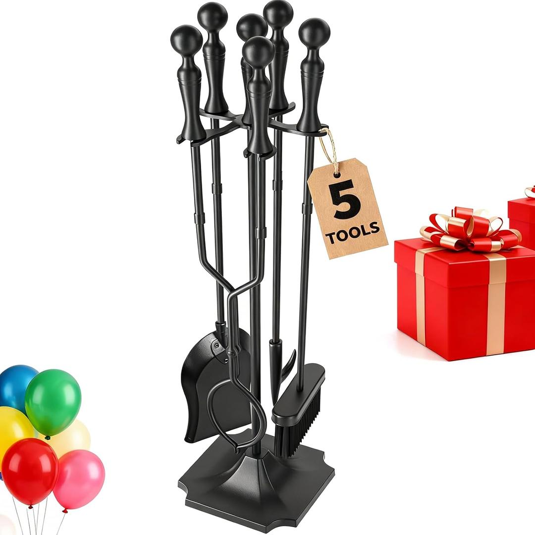 AMAGABELI Garden & Home 5 Pcs Fireplace Tools Set 31 Inch Indoor Black Handle Wrought Iron Large Fire Tool Accessories Set Holder Outdoor Fireset Modern Fire Pit Stand with Poker Brush Shovel Tong