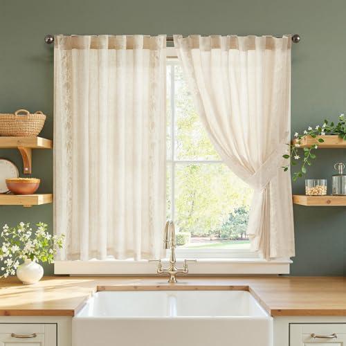 jinchan Small Window Curtains 35x36 Inch Length Linen Cafe Curtains for Kitchen Bathroom Bordered Floral Embroidered Short Drapes Rustic Farmhouse Light Filtering Curtain (Set of 1 Panels Ivory on Beige)